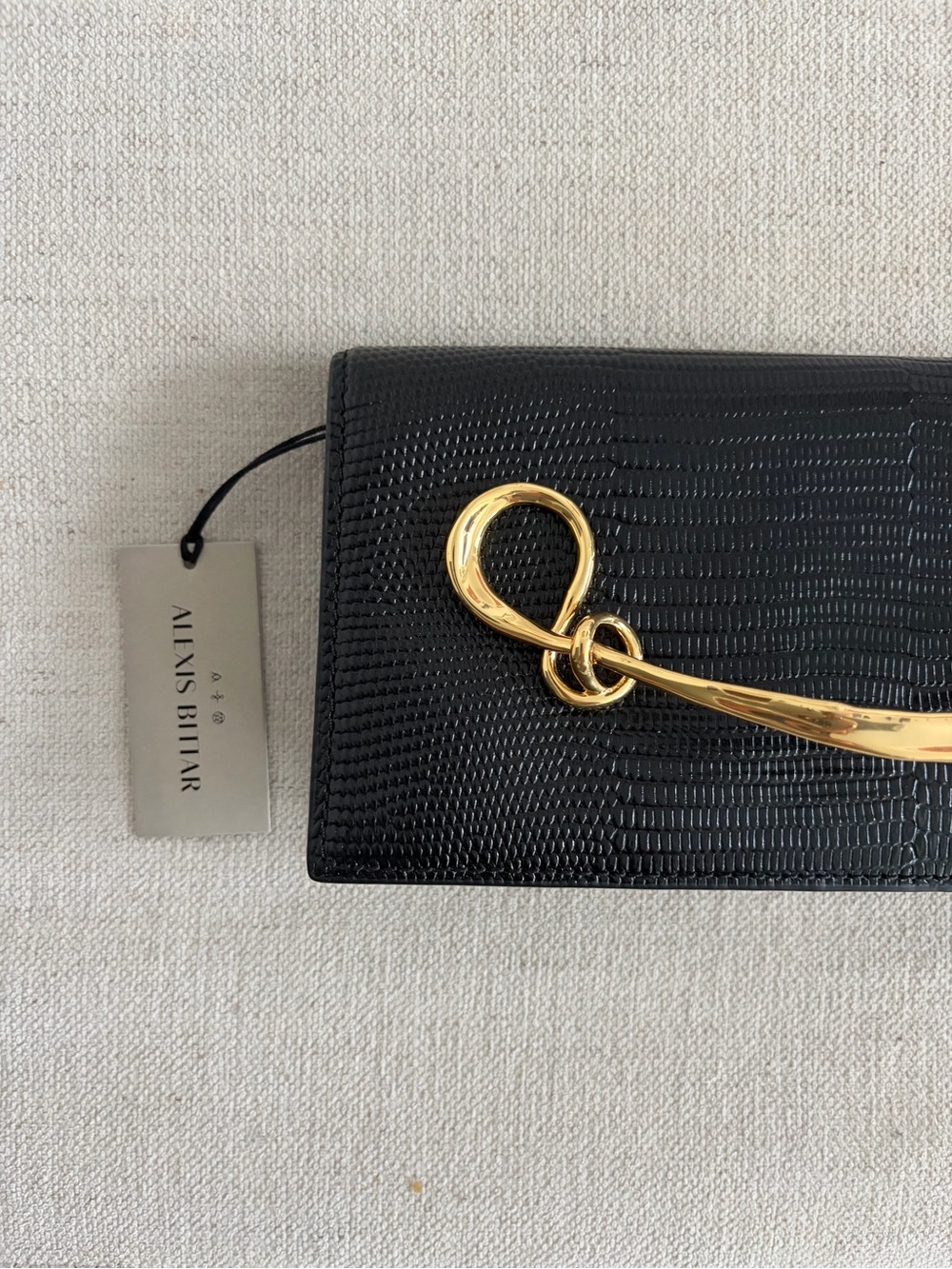 NWT Alexis Bittar Clutch | Black Lizard-Embossed Purse with Gold Metal Twist - Picture 10 of 17
